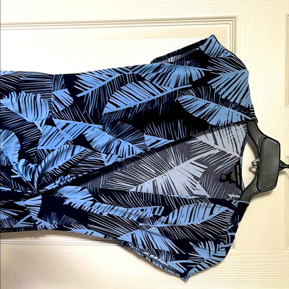 Maggie London Blue and Black Leaf Print wrap dress